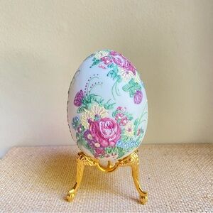 Rhyn Rivet bisque porcelain handpainted floral egg with brass stand VTG signed